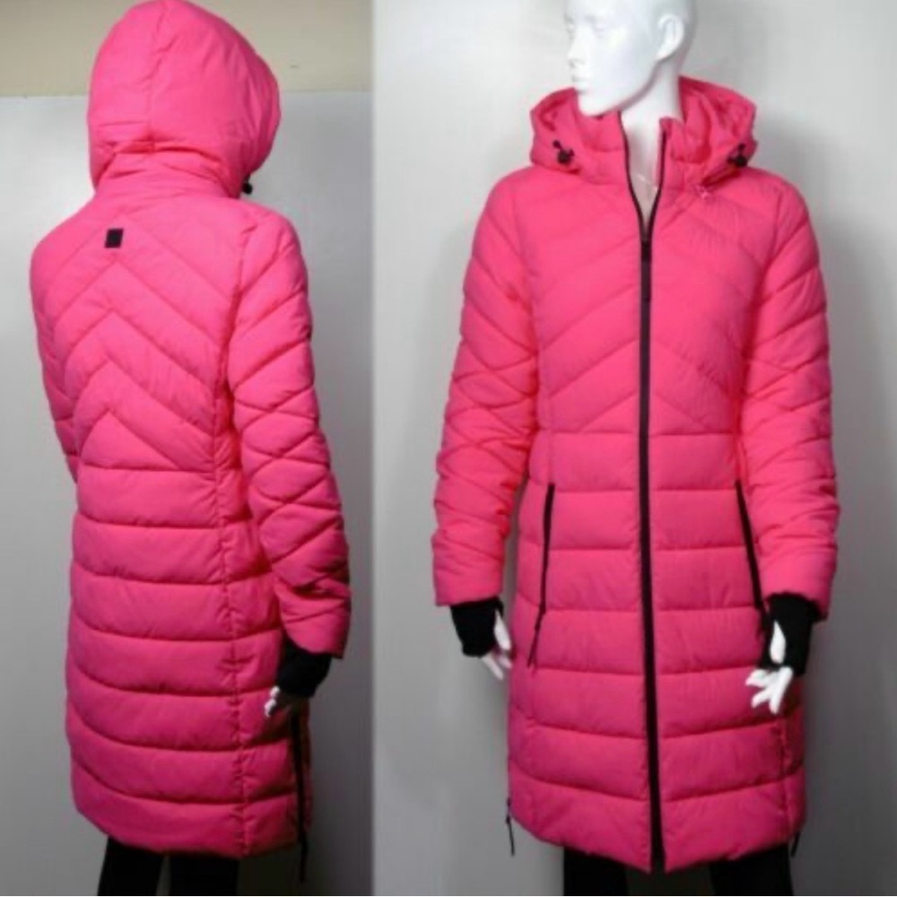M&S ACTIVE Bright Pink Puffer Jacket Pink Long Puffer Coat With Detachable Hood